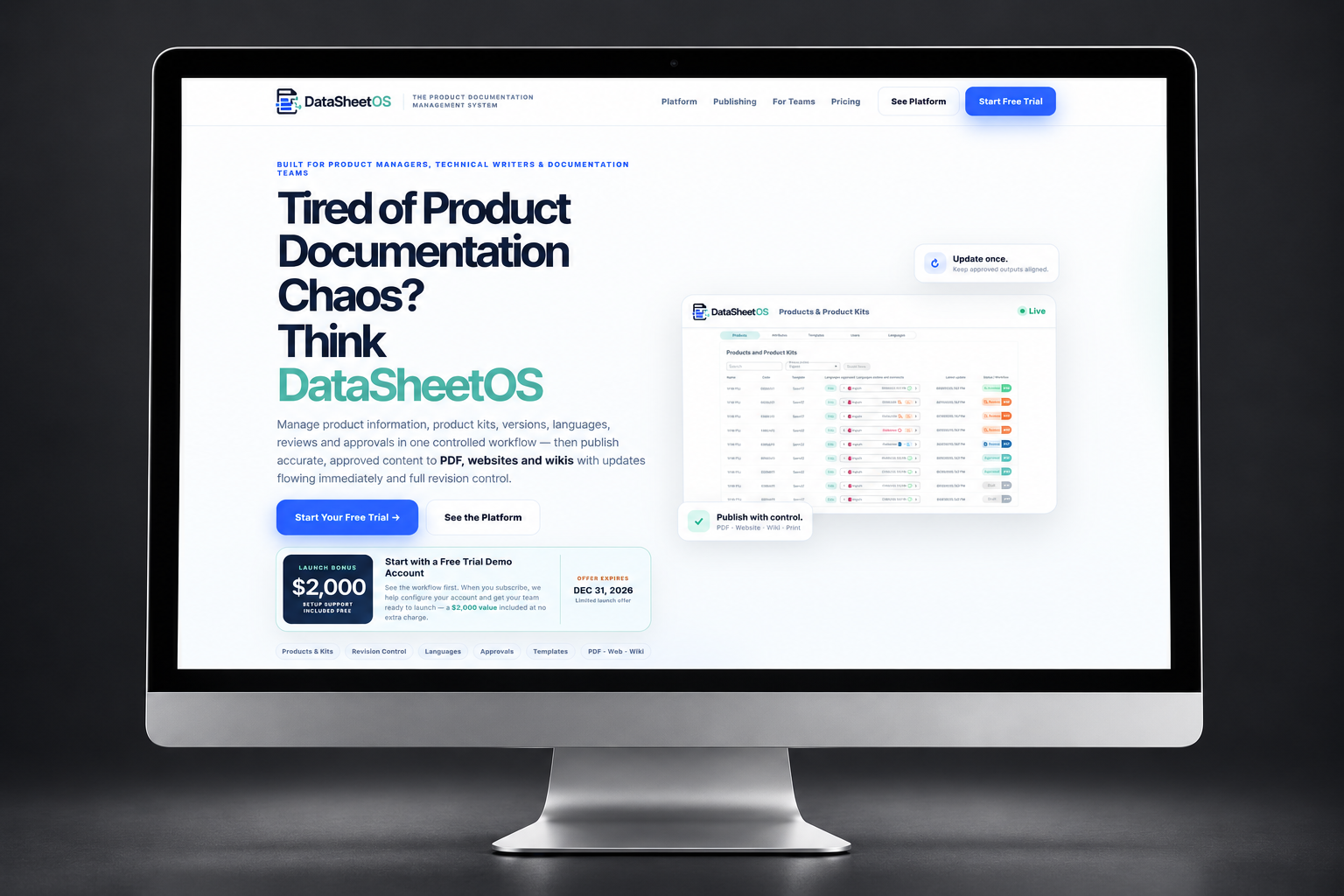 DataSheetOS product documentation platform displayed on a desktop monitor