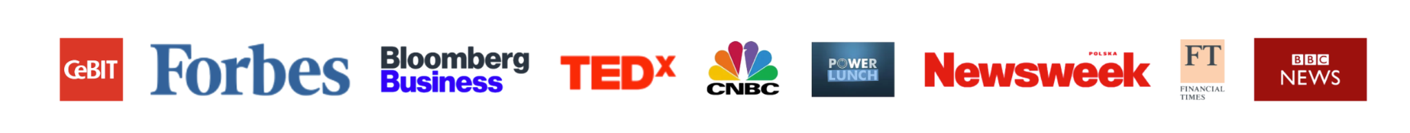 Selected appearances and coverage including CeBIT, Forbes, Bloomberg Business, TEDx, CNBC, Newsweek, Financial Times and BBC News