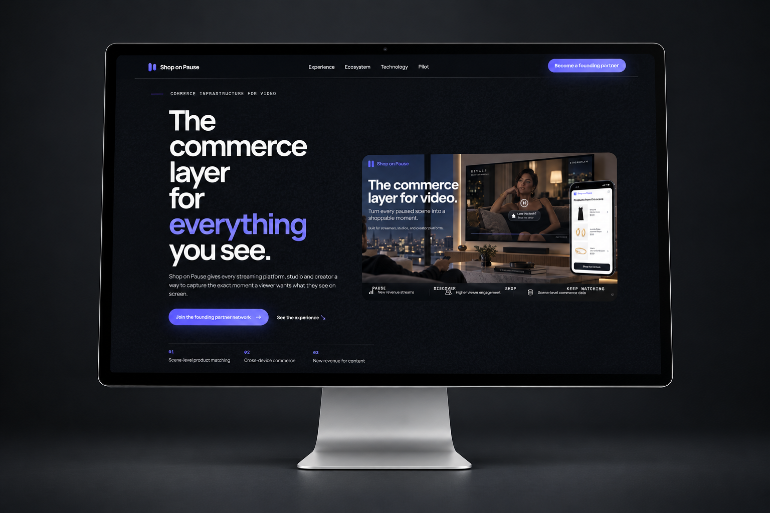 Shop on Pause video commerce platform displayed on a desktop monitor