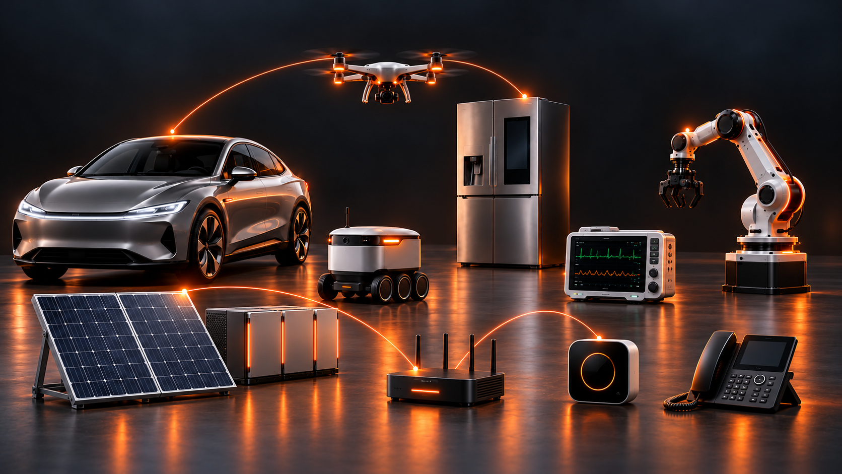 Connected electric vehicle, autonomous robot, drone, solar panels, battery storage, smart home hub, medical monitor, industrial arm, network router, appliance and business phone