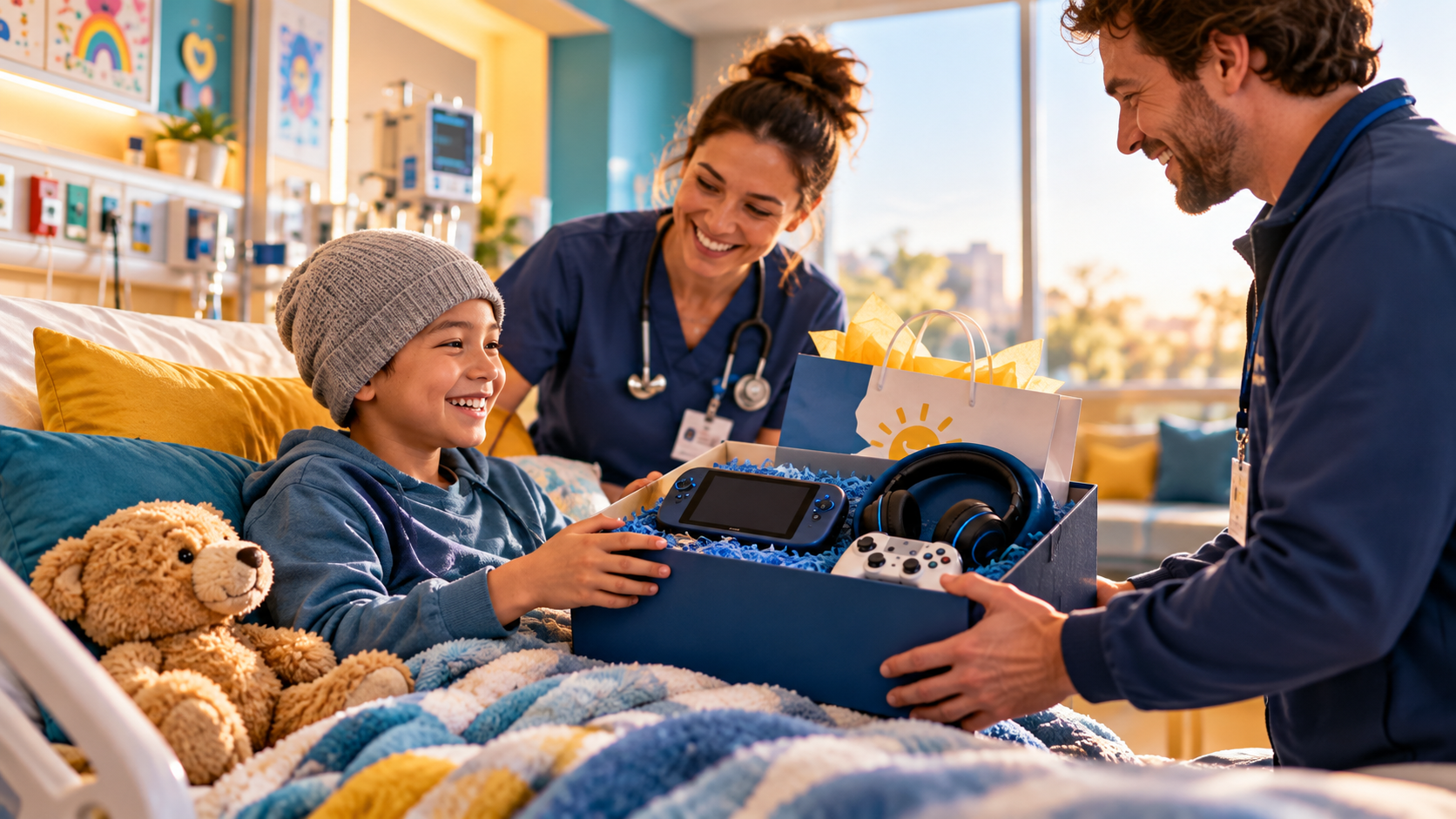 Child receiving a gaming care kit