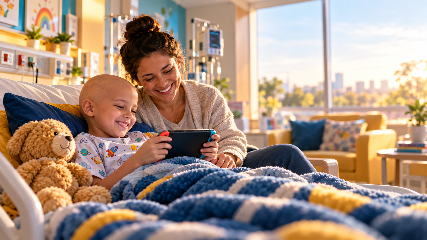 Child playing a handheld gaming console from a hospital bed