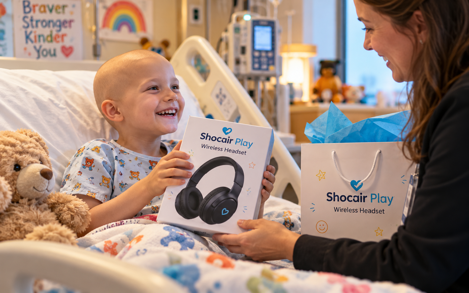 Child in a hospital room receiving a Shocair Play Wireless Headset gift