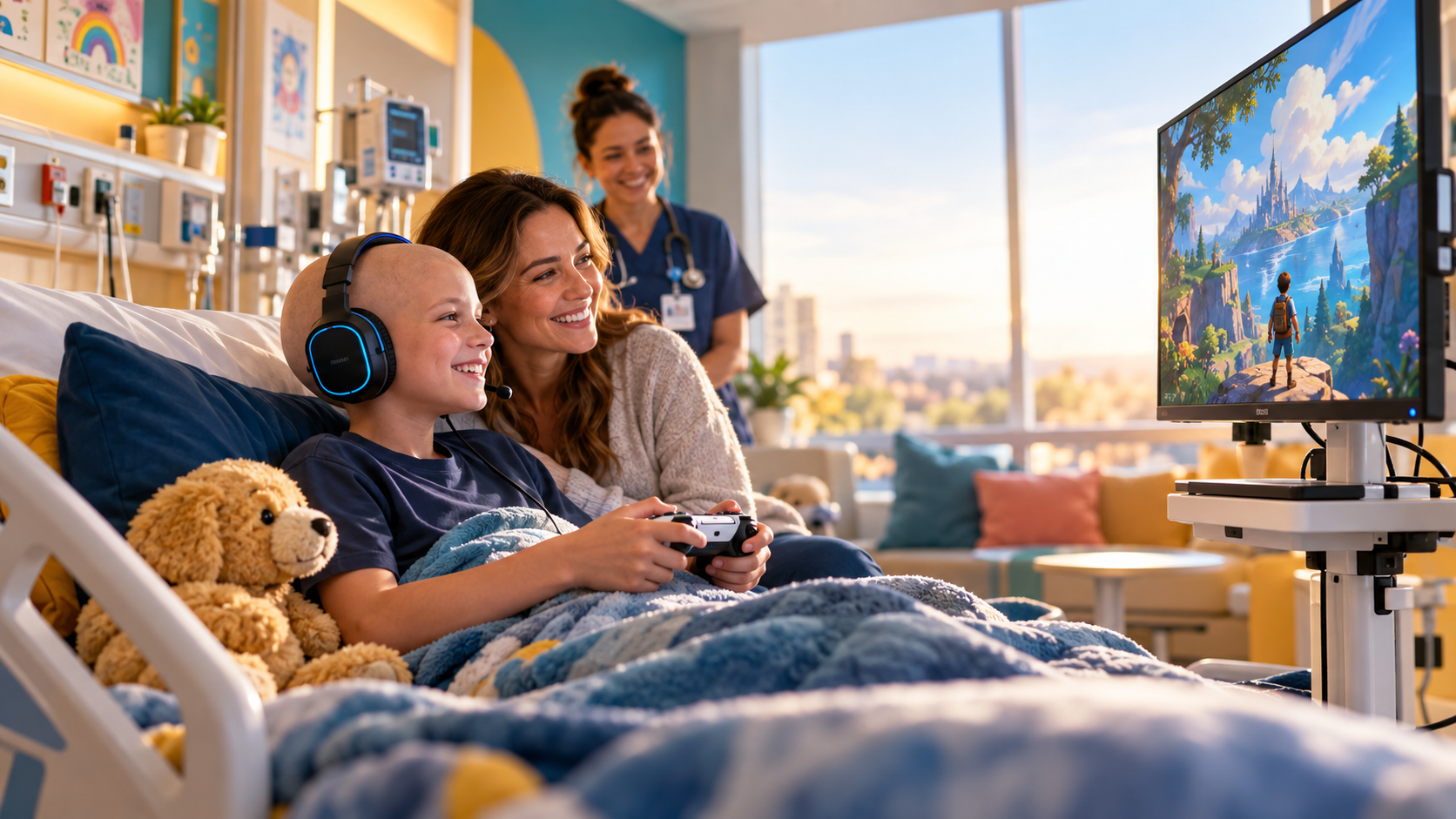 Child in a pediatric hospital room happily gaming with family and hospital staff nearby