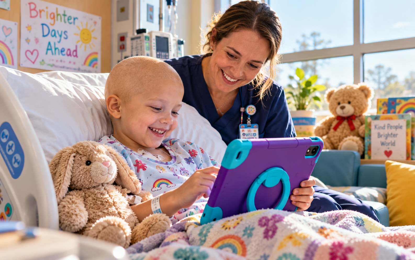 Child in a pediatric hospital room happily using an Android tablet in a protective case