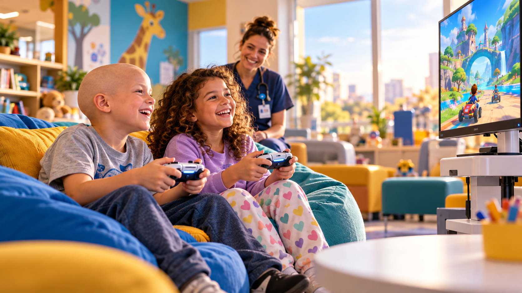 Children enjoying a console gaming station in a pediatric hospital lounge